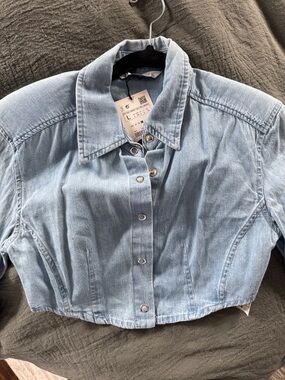Zara Light Blue Cropped Denim Button-Down Shirt
